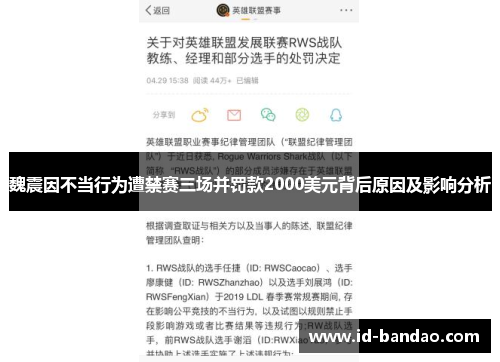魏震因不当行为遭禁赛三场并罚款2000美元背后原因及影响分析