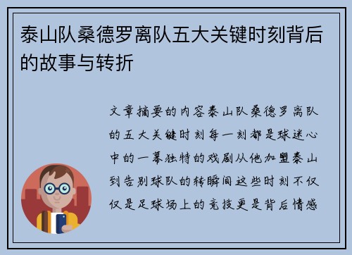 泰山队桑德罗离队五大关键时刻背后的故事与转折